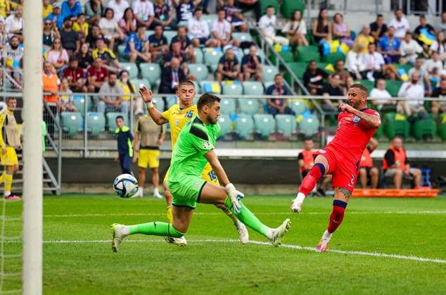 Ukraine v England UEFA European 2024 Qualifier 09 09 2023. Goal 1-1 Kyle Walker (12) of England scores a goal during the UEFA European 2024 Qualifier match between Ukraine and England at Wroclaw Stadium, Wroclaw, Poland on 9 September 2023. Editorial use only , Copyright: xNigelxKeenex PSI-17984-0018
