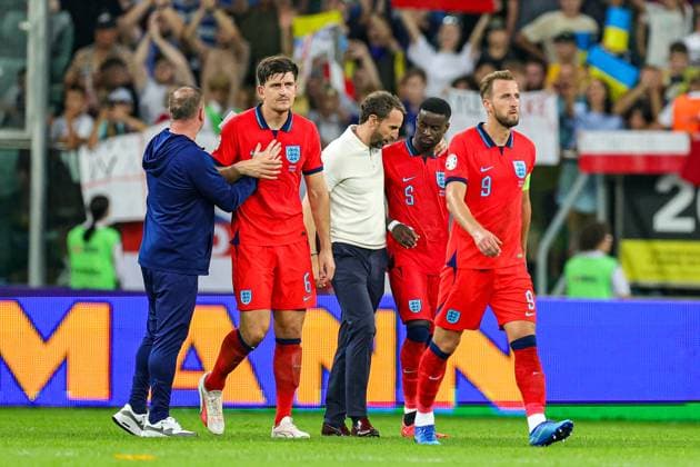 Ukraine v England UEFA European 2024 Qualifier 09 09 2023. Gareth Southgate Manager of England with England players at full time during the UEFA European 2024 Qualifier match between Ukraine and England at Wroclaw Stadium, Wroclaw, Poland on 9 September 2023. Editorial use only , Copyright: xNigelxKeenex PSI-17984-0035