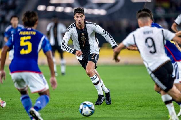 Fußball: Nationalmannschaft, Saison 2023 2024, Länderspiel Deutschland - Japan am 09.09.23 in der Volkswagen Arena in Wolfsburg (Niedersachsen). Deutschlands Kai Havertz läuft mit dem Ball am Fuß. DFB REGULATIONS PROHIBIT ANY USE OF PHOTOGRAPHS AS IMAGE SEQUENCES AND OR QUASI-VIDEO Copyright: xKirchner DavidxInderliedx