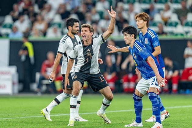 Thomas Mueller (Deutschland, 13) Shogo Taniguchi (Japan, 3) Deutschland vs. Japan, Fussball, Testspiel, 09.09.2023 DFL REGULATIONS PROHIBIT ANY OUSE OF PHOTOGRAPHS AS IMAGE SEQUENCES AND OR QUASI-VIDEO Deutschland vs. Japan, Fussball, Testspiel, 09.09.2023 Wolfsburg Copyright: xEibner-Pressefoto BahhoxKarax EP_GER