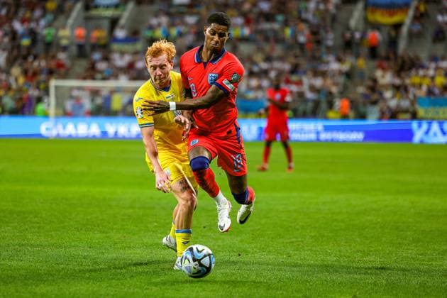 Ukraine v England UEFA European 2024 Qualifier 09 09 2023. Marcus Rashford (19) of England tussles with Yukhym Konoplia of Ukraine during the UEFA European 2024 Qualifier match between Ukraine and England at Wroclaw Stadium, Wroclaw, Poland on 9 September 2023. Editorial use only , Copyright: xNigelxKeenex PSI-17984-0143
