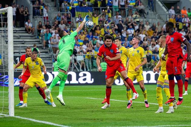 Ukraine v England UEFA European 2024 Qualifier 09 09 2023. Georgiy Bushchan of Ukraine clears the ball from Harry Maguire (6) of England during the UEFA European 2024 Qualifier match between Ukraine and England at Wroclaw Stadium, Wroclaw, Poland on 9 September 2023. Editorial use only , Copyright: xNigelxKeenex PSI-17984-0145