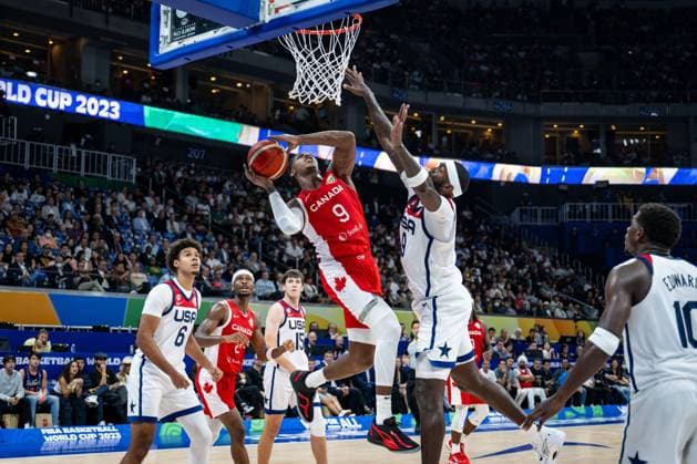 Basketball Manila Pasay 10.09.2023 FIBA Basketball World Cup 2023 Weltmeisterschaft der Männer Spiel um Platz 3 Bronze Vereinigte Staaten von Amerika USA) - Kanada (CAN) RJ Barrett (Kanada, No.09) BOBBY PORTIS JR (USA, No.09)