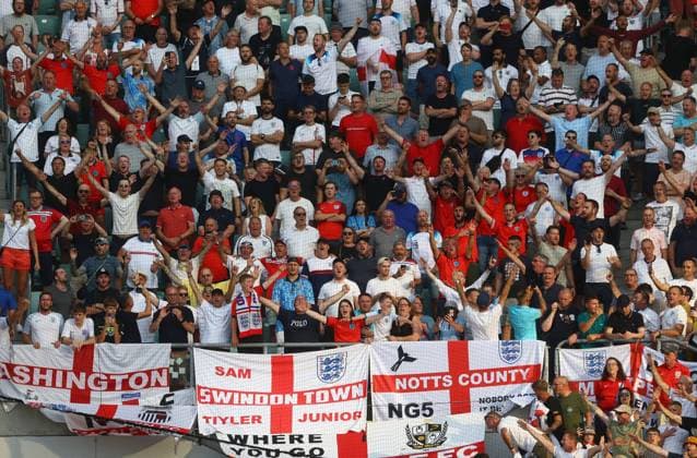 Mandatory Credit: Photo by Kieran McManus Shutterstock (14088371ft) England fans cheer their team on Ukraine v England, UEFA European Championship, EM, Europameisterschaft 2024 Qualifying, Group C, Football, Tarczynski Arena, Wroclaw, Poland - 09 Sep 2023 EDITORIAL USE ONLY No use with unauthorised audio, video, data, fixture lists, club league logos or live services. Online in-match use limited to 120 images, no video emulation. No use in betting, games or single club league player publications. Ukraine v England, UEFA European Championship 2024 Qualifying, Group C, Football, Tarczynski Arena, Wroclaw, Poland - 09 Sep 2023 EDITORIAL USE ONLY No use with unauthorised audio, video, data, fixture lists, club league logos or live services. Online in-match use limited to 120 images, no video emulation. No use in betting, games or single club league player publications.  Copyright: xKieranxMcManus Shutterstockx 14088371ft