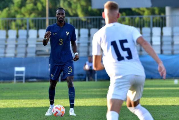Chrislain Matsima of France (L) in action against Mark Strajnar of Slovenia (R) during the 2025 UEFA European Under-21 Championship Qualification football match Group H between Slovenia and France FOOTBALL : SlovÃ nie vs France - Championnat d Europe des moins de 21 ans UEFA - Match de qualification Groupe H - 11 09 2023 IgorKupljenik Panoramic 