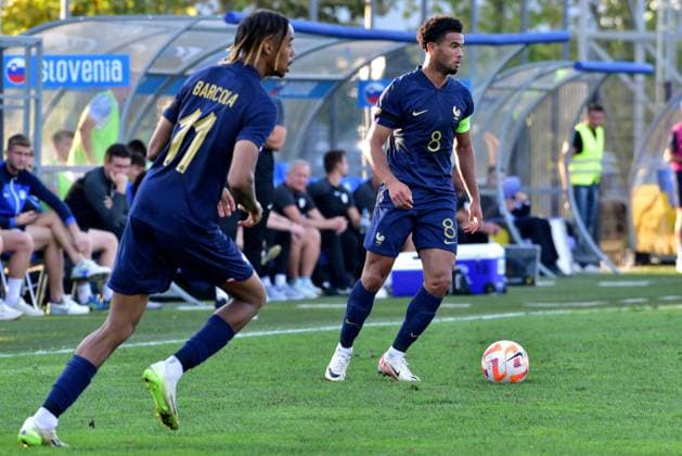 Malo Gusto (L) and Warren Zaire-Emery of France (R) during the 2025 UEFA European Under-21 Championship Qualification football match Group H between Slovenia and France FOOTBALL : SlovÃ nie vs France - Championnat d Europe des moins de 21 ans UEFA - Match de qualification Groupe H - 11 09 2023 IgorKupljenik Panoramic 