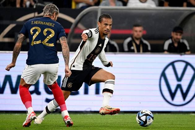 DORTMUND - (l-r) Theo Hernandez of France, Leroy Sane of Germany during the friendly Interland match between Germany and France at the Signal Iduna Park on September 12, 2023 in Dortmund, Germany. ANP Hollandse Hoogte International Friendly, Länderspiel, Nationalmannschaft 2023 2024 xVIxANPxSportx xGerritxvanxKeulenxIVx 478043252 originalFilename: 478043252.jpg