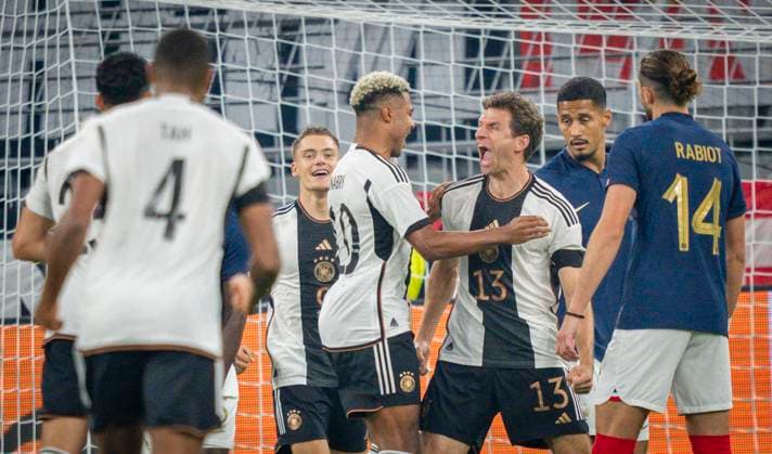 Dortmund, Germany. 12th Sep 2023. Torjubel: Thomas Müller (Deutschland) Serge Gnabry (Deutschland), Florian Wirtz (Deutschland) Deutschland - Frankreich 12.09.2023