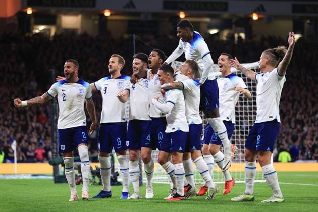 Football - International Friendly, Länderspiel, Nationalmannschaft - Scotland v England 12th September 2023 - International Friendly - Scotland v England - Jude Bellingham of England celebrates their second goal with his team mates - Photo: Simon Stacpoole Offside. Glasgow UK Copyright: xSimonxStacpoolexOffside