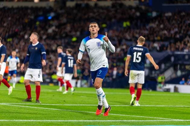 Scotland v England Friendly 150th Anniversary Match GOAL! 0-1 Phil Foden of England from close range and celebrates with his team mates during the 150th Anniversary Heritage Match match between Scotland and England at The National Stadium, Hampden Park, Glasgow, 12 09 2023 Editorial use only , Copyright: xColinxPoultneyx PSI-17986-0002