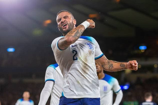 Scotland v England Friendly 150th Anniversary Match GOAL! 0-1 Kyle Walker of England celebrates in front of the home support during the 150th Anniversary Heritage Match match between Scotland and England at The National Stadium, Hampden Park, Glasgow, 12 09 2023 Editorial use only , Copyright: xColinxPoultneyx PSI-17986-0005