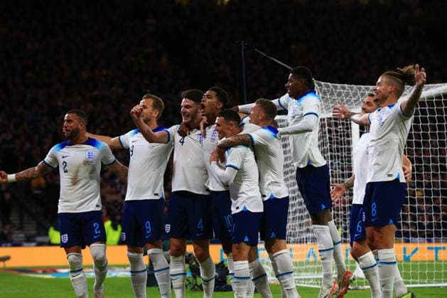 12th September 2023; Hampden Park, Glasgow, Scotland: International Football Friendly, Scotland versus England; Jude Bellingham of England is congratulated after scoring for 2-0 in the 35th minute  ActionPlus12552960 DavidxYoung