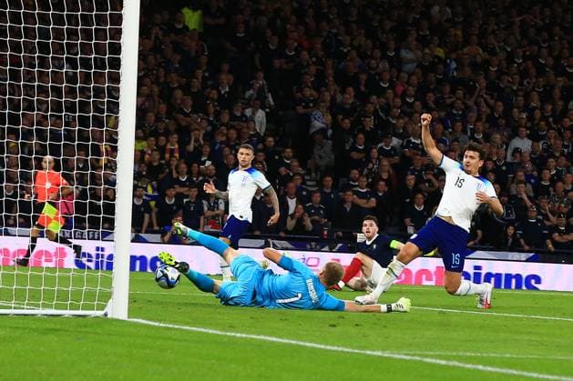 12th September 2023; Hampden Park, Glasgow, Scotland: International Football Friendly, Scotland versus England; Harry Maguire of England diverts an own goal for 2-1 past his keeper Ramsdale in 67th minute  ActionPlus12552995 DavidxYoung