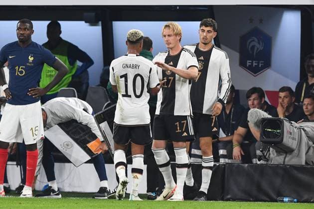 Fussball, Herren, Saison 2023 2024, Länderspiel in Dortmund, Deutschland - Frankreich, v. l. Serge Gnabry (Deutschland), Julian Brandt (Deutschland) und Kai Havertz (Deutschland) , 12.09. 2023, Copyright: xSebastianxRäppold MatthiasxKochx