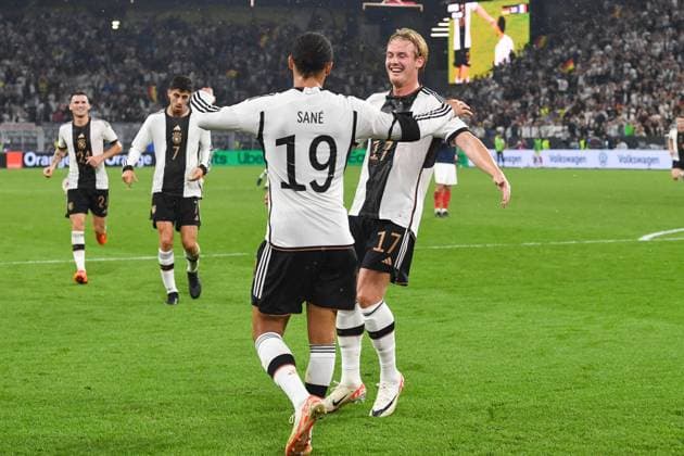 Fussball, Herren, Saison 2023 2024, Länderspiel in Dortmund, Deutschland - Frankreich, v. l. Leroy Sane (Deutschland) und Julian Brandt (Deutschland) Torjubel, jubeln nach dem Tor zum 2:0, 12.09. 2023, Copyright: xSebastianxRäppold MatthiasxKochx