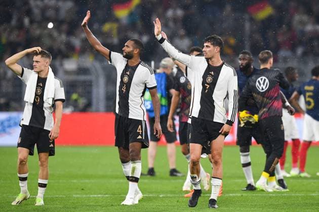 Fussball, Herren, Saison 2023 2024, Länderspiel in Dortmund, Deutschland - Frankreich, v. l. Florian Wirtz (Deutschland), Jonathan Tah (Deutschland) und Kai Havertz (Deutschland) , 12.09. 2023, Copyright: xSebastianxRäppold MatthiasxKochx