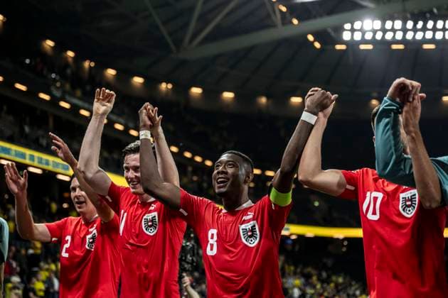 230912 David Alaba of Austria celebrates after the UEFA EURO, EM, Europameisterschaft,Fussball Qualifier, EM, Europameisterschaft football match between Sweden and Austria on September 12, 2023 in Stockholm. Photo: Maxim ThorÃ BILDBYRAN kod MT JM0531 bbeng fotboll football soccer fotball em-kval kval uefa euro qualifier sverige sweden sverige a österrike austria jubel Copyright: MAXIMxTHORE BB230912MT160