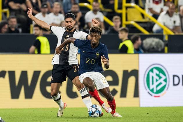 Freundschaftsspiel Deutschland - Frankreich; 12.09.2023 Emre Can (Deutschland, 23), Kingsley Coman (Frankreich, 20) Freundschaftsspiel Deutschland - Frankreich, Dortmund, Signal Iduna Park am 12.09.2023 DFB REGULATIONS PROHIBIT ANY USE OF PHOTOGRAPHS AS IMAGE SEQUENCES AND OR QUASI-VIDEO. Copyright: xBEAUTIFULxSPORTS Wunderlx