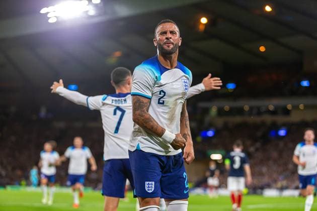 Scotland v England Friendly 150th Anniversary Match GOAL! 0-1 Kyle Walker of England celebrates in front of the home support during the 150th Anniversary Heritage Match match between Scotland and England at The National Stadium, Hampden Park, Glasgow, 12 09 2023 Editorial use only , Copyright: xColinxPoultneyx PSI-17986-0074