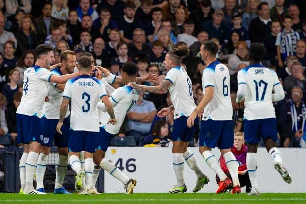 Hampden Park GLASGOW, SCOTLAND - SEPTEMBER 12: Harry Kane ( 10 England) celebrates with team after scoring (1-3) during 150th Anniversary Heritage Match between Scotland and England at Hampden Park on September 12, 2023 in Glasgow, Scotland. (Photo by Richard Callis SPP) (Richard Callis SPP) Copyright: xRichardxCallisx xSPPx spp-en-RiCaSp-rmc120923-1469