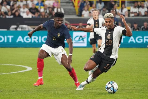 Nationalmannschaft, Fussball, Herren, Freundschaftsspiel, Länderspiel, Deutschland-Frankreich , 12.09.2023 , Signaliduna Park Dortmund Aurelien Tchouameni, Frankreich Serge Gnabry Deutschland,