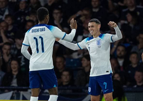 (230913) -- GLASGOW, Sept. 13, 2023 -- England s Phil Foden (R) celebrates with teammate Marcus Rashford after scoring the opening goal during a friendly match between Scotland and England in Glasgow, Britain, on Sept. 12, 2023. (SP)BRITAIN-GLASGOW-FOOTBALL-FRIENDLY MATCH-SCOTLAND VS ENGLAND str 