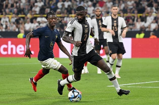 (230913) -- DORTMUND, Sept. 13, 2023 -- Antonio Ruediger (R) of Germany vies with Eduardo Camavinga of France during a friendly match between Germany and France in Dortmund, Germany, Sept. 12, 2023. (Photo by Xinhua) (SP)GERMANY-DORTMUND-FOOTBALL-FRIENDLY MATCH-GERMANY VS FRANCE UlrichxHufnagel 