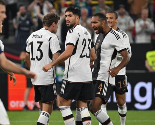 Jubel Thomas Müller (Deutschland), Emre Can (Deutschland), Jonathan Tah (Deutschland), Leroy Sane (Deutschland) 12.09.2023, DFB Fussball Länderspiel 2023, Deutschland - Frankreich 2:1 Dortmund Signal Iduna Park Deutschland