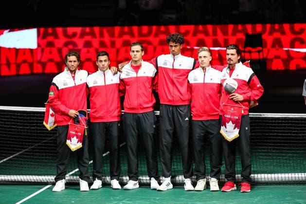 BOLOGNA, ITALY - SEPTEMBER 13: Canada squad as they line up for the National Anthems during Davis Cup Finals Group Stage Bologna - Day 2 at Unipol Arena on September 13, 2023 in Bologna, Italy. Bologna Unipol Arena Italy Copyright: xJustPictures.ch EurasiaxSportxImagesx jp-en-EuSpIm-1R3C4533