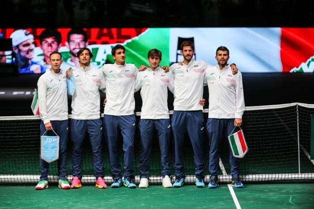 BOLOGNA, ITALY - SEPTEMBER 13: Italy squad as they line up for the National Anthems during Davis Cup Finals Group Stage Bologna - Day 2 at Unipol Arena on September 13, 2023 in Bologna, Italy. Bologna Unipol Arena Italy Copyright: xJustPictures.ch EurasiaxSportxImagesx jp-en-EuSpIm-1R3C4550