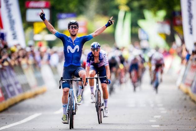 Bilder des Jahres 2023, Sport 09 September Sport Themen der Woche KW37 Sport Bilder des Tages Spanish Gonzalo Serrano of Movistar Team celebrates as he crosses the finish line to win the one day cycling race Grand Prix de Wallonie (201,3km) from Aywaille to the Citadelle de Namur, in Namur, Wednesday 13 September 2023. JASPERxJACOBS  x73999280x
