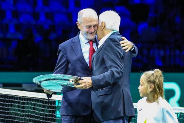 BOLOGNA, ITALY - SEPTEMBER 13: Nicola Pietrangeli (R) with Angelo Binaghi during (L) Davis Cup Finals Group Stage Bologna - Day 2 at Unipol Arena on September 13, 2023 in Bologna, Italy. Bologna Unipol Arena Italy Copyright: xJustPictures.ch EurasiaxSportxImagesx jp-en-EuSpIm-1R3C4426 20230913