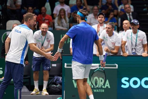 Lorenzo Musetti of Italy celebrates with his team after a point against Gabriel Diallo of Canada during the Davis Cup Group Stage 2023 Bologna match between Italy and Canada at Unipol Arena on September 13, 2023 in Bologna, Italy. (Photo by Camilla Stolen Imago) Bologna ITALY Copyright: xCamillaxStolenx L1370115
