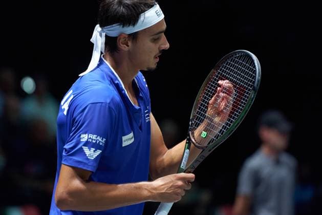 Lorenzo Sonego of Italy after a missed point to Alexis Galarneau of Canada during the Davis Cup Group Stage 2023 Bologna match between Italy and Canada at Unipol Arena on September 13, 2023 in Bologna, Italy. (Photo by Camilla Stolen Imago) Bologna ITALY Copyright: xCamillaxStolenx L1350718