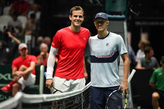 Foto Massimo Paolone LaPresse 14 Settembre 2023 - Bologna, Italia - tennis - Canada vs Svezia - Vasek Pospisil (CAN) v Leo Borg (SWE) - Coppa Davis 2023 - Unipol Arena. Nella foto: Vasek Pospisil, Leo Borg September 14, 2023 Bologna, Italy - sport, tennis - Canada vs Sweden - Vasek Pospisil (CAN) v Leo Borg (SWE) - Davis Cup 2023 - Unipol Arena. In the pic: Vasek Pospisil, Leo Borg  Copyright: xMassimoxPaolone LaPressex