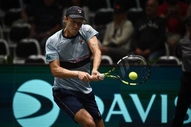 Foto Massimo Paolone LaPresse 14 Settembre 2023 - Bologna, Italia - tennis - Canada vs Svezia - Vasek Pospisil (CAN) v Leo Borg (SWE) - Coppa Davis 2023 - Unipol Arena. Nella foto: Leo Borg in azione September 14, 2023 Bologna, Italy - sport, tennis - Canada vs Sweden - Vasek Pospisil (CAN) v Leo Borg (SWE) - Davis Cup 2023 - Unipol Arena. In the pic: Leo Borg in action  Copyright: xMassimoxPaolone LaPressex