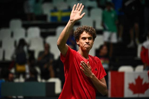 Foto Massimo Paolone LaPresse 14 Settembre 2023 - Bologna, Italia - tennis - Canada vs Svezia - Gabriel Diallo (CAN) v Elias Ymer (SWE) - Coppa Davis 2023 - Unipol Arena. Nella foto: Gabriel Diallo esulta per la vittoria September 14, 2023 Bologna, Italy - sport, tennis - Canada vs Sweden - Gabriel Diallo (CAN) v Elias Ymer (SWE) - Davis Cup 2023 - Unipol Arena. In the pic: Gabriel Diallo celebrates for the victory  Copyright: xMassimoxPaolone LaPressex