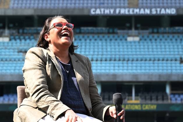 Bilder des Jahres 2023, Sport 09 September Sport Themen der Woche KW37 CATHY FREEMAN STAND LAUNCH, Olympic champion Cathy Freeman set against the backdrop of the newly unveiled Cathy Freeman Stand at Stadium Australia, Sydney Olympic Park, Sydney, Friday, September 15, 2023. The NSW Government named the stand in honour of Cathy Freeman at the home of her 400m Olympic gold medal during the 2000 Sydney Olympic Games, Olympische Spiele, Olympia, OS ( NO ARCHIVING, EDITORIAL USE ONLY, NO USE IN BOOKS WITHOUT CONSENT SYDNEY NSW AUSTRALIA  Copyright: xDEANxLEWINSx 20230915001841685041