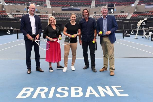 Sport Themen der Woche KW37 AUSTRALIAN SUMMER OF TENNIS ANNOUNCEMENT, Left to right, Cameron Pearson, Brisbane Deputy Mayor Councillor Krista Adams, Ash Barty, Pat Rafter and Stirling Hinchliffe pose for a photo during a Tennis Australia announcement, in Brisbane, Friday, September 15, 2023. ( NO ARCHIVING, EDITORIAL USE ONLY, NO USE IN BOOKS WITHOUT CONSENT BRISBANE QLD AUSTRALIA  Copyright: xJONOxSEARLEx 20230915001841712935