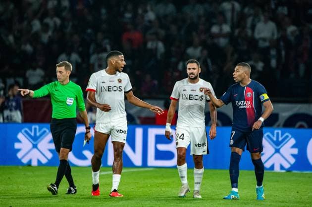 Jean-Clair Todibo (OGC Nice) Gaetan Laborde (OGC Nice) Kylian Mbappe (Paris SG) FOOTBALL : Paris Saint Germain - OGC Nice - Ligue 1 - JournÃ e 5 - 15 09 2023 BaptisteAutissier Panoramic 