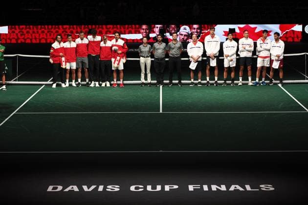 Tennis, Davis Cup, Kanada - Chile Photo Michele Nucci LaPresse - September 16, 2023 Bologna, Italy - tennis - Canada vs. Chile - Finals group A - Alexis Galarneau (CAN) vs. Alejandro Tabilo (CHI) - Davis Cup 2023 - Unipol Arena. In the pic:the teams from Canada and Chile during the presentation  Copyright: xMichelexNucci LaPressex
