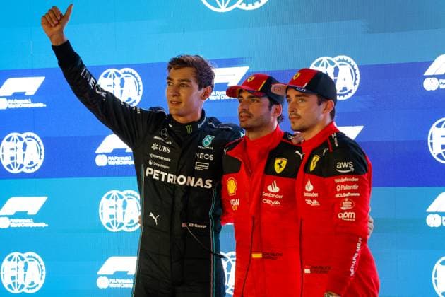 63 George Russell (GBR, Mercedes-AMG Petronas F1 Team), 55 Carlos Sainz (ESP, Scuderia Ferrari), 16 Charles Leclerc (MCO, Scuderia Ferrari), F1 Grand Prix of Singapore at Marina Bay Street Circuit on September 16, 2023 in Singapore, Singapore. (Photo by HOCH ZWEI) Singapore Singapore