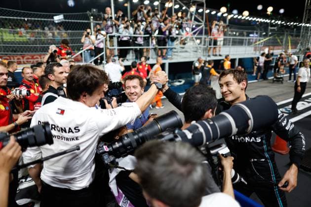 Toto Wolff (AUT, Mercedes-AMG Petronas F1 Team), 63 George Russell (GBR, Mercedes-AMG Petronas F1 Team), F1 Grand Prix of Singapore at Marina Bay Street Circuit on September 16, 2023 in Singapore, Singapore. (Photo by HOCH ZWEI) Singapore Singapore