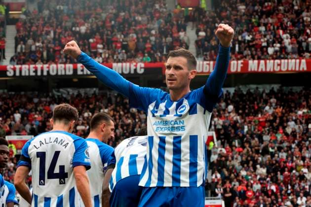 Sport Themen der Woche KW37 Sport Bilder des Tages Football - 2023 2024 Premier League - Manchester United, ManU vs Brighton & Hove Albion - Old Trafford - Saturday 16th September 2023 Pascal Gross of Brighton & Hove Albion celebrates after he scores to put his side 2-0 ahead early in the second half, at Old Trafford. 