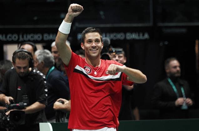 Tennis, Davis Cup, Kanada - Chile International Tennis match - 2023 Davis Cup - Canada vs Chile Alexis Galarneau jubilates at the end of the group A match of the Davis tennis cup final Canada vs Chile at Unipol arena, Bologna, Italy, September 16, 2023 - photo c.b. Bologna Italy  Copyright: xIPAxSport ABACAx BRIPASport20230916_267 IPAxSport ABACAx BRIPASport20230916_267