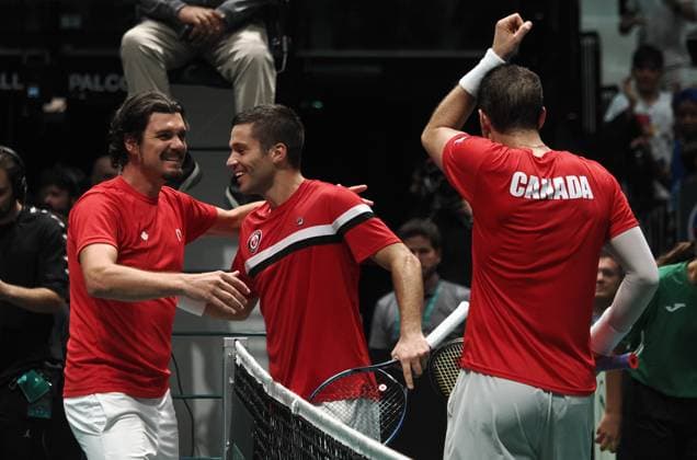 Tennis, Davis Cup, Kanada - Chile Photo Michele Nucci LaPresse - September 16, 2023 Bologna, Italy - tennis - Canada vs. Chile - Finals group A - double match between Alexis Galarneau and Vasek Pospisil (CAN) vs. Alejandro Tabilo and Tomas Barrios Vera (CHI) - Davis Cup 2023 - Unipol Arena. In the pic: Canada team captain Frank Dancevic, Alexis Galarneau and Vasek Pospisil celebrates the victory and qualification for the final 8 in Malaga  Copyright: xMichelexNucci LaPresse MichelexNx