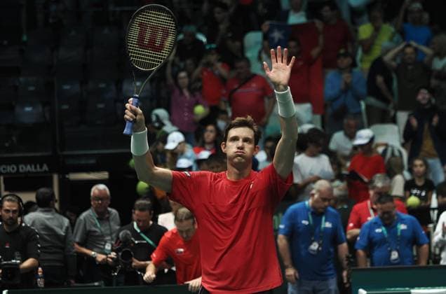 Tennis, Davis Cup, Kanada - Chile Nicolas Jarry celebrates at the end of the group A match of the Davis tennis cup final Canada vs Chile at Unipol arena, won 6-4 6-4 - Bologna, Italy, September 16, 2023 - photo c.b.the  Copyright: xCorrispondentexBologna IPAxSportx xx IPA_40350675 IPA_IPA40350675