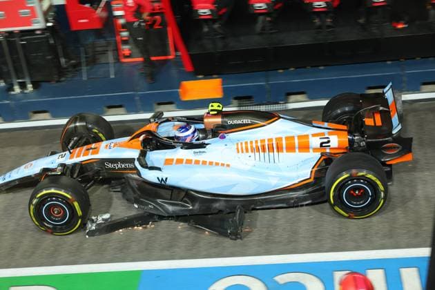 Damaged car of 2 Logan Sargeant (USA, Williams Racing), F1 Grand Prix of Singapore at Marina Bay Street Circuit on September 17, 2023 in Singapore, Singapore. (Photo by HOCH ZWEI) Singapore Singapore