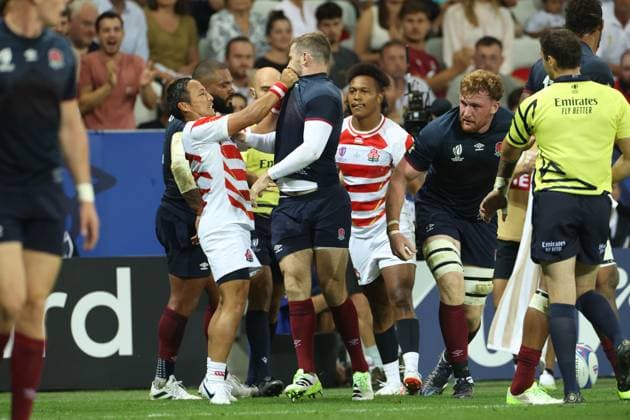 Sport Themen der Woche KW37 Sport Bilder des Tages Japan s Yutaka Nafare argues with England player during the 2023 Rugby World Cup Pool D match between England and Japan at the Stade de Nice in Nice, France on September 17, 2023.  (229598976)