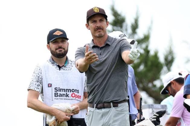 COLLEGE GROVE, TN - SEPTEMBER 17: Jamie Lovemark gestures to his ball as his caddie looks on from the No. 7 tee box during the final round of the Korn Ferry Tour Finals Simmons Bank Open, September 17, 2023 at The Grove in College Grove, Tennessee. (Photo by Matthew Maxey Icon Sportswire) GOLF: SEP 17 Simmons Bank Open EDITORIAL USE ONLY Icon23091708
